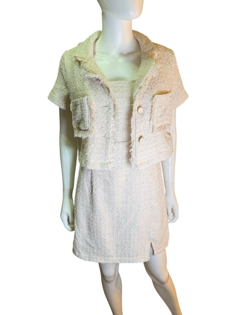 Thirty/Thirty Tweed Minidress and Cropped Blazer Set Cream and Pink Size L NWT